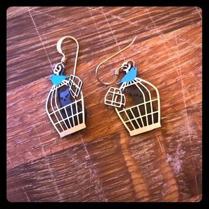 Black kitty cat and bird cage earrings